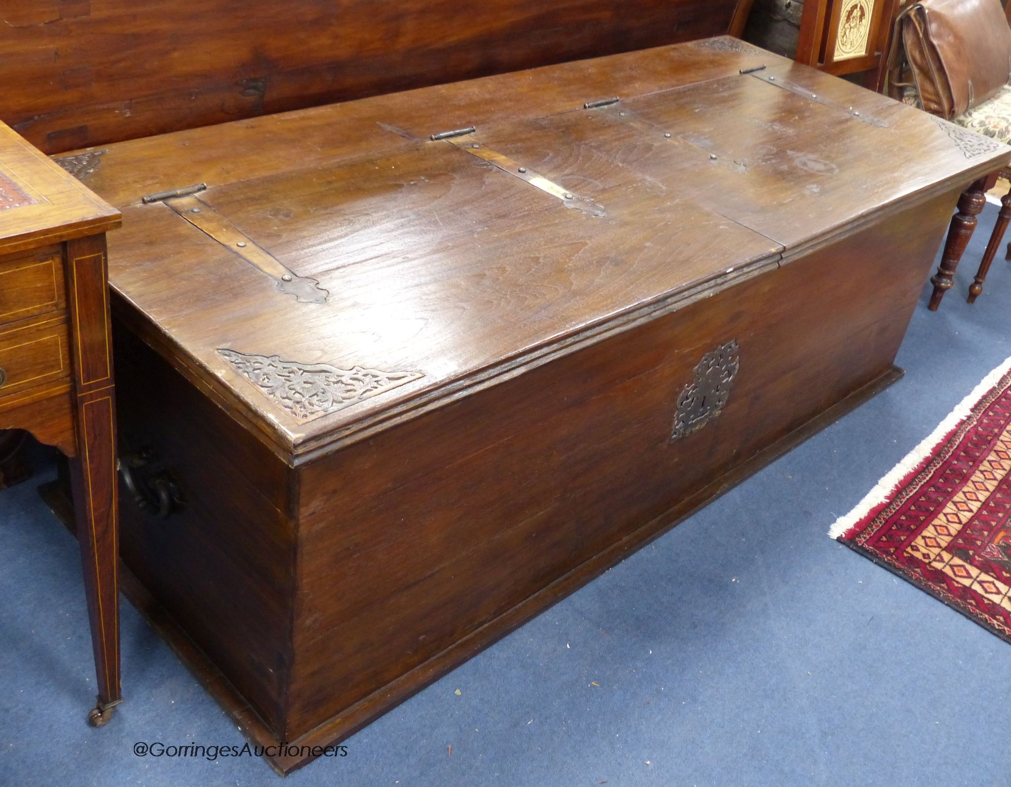 A large Ceylonese brass mounted hardwood chest, width 170cm, depth 70cm, height 56cm